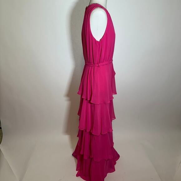 NWD MSK Barbie Pink Keyhole Neck Tiered Chiffon Gown Sleeveless Womens Medium M - Picture 4 of 16
